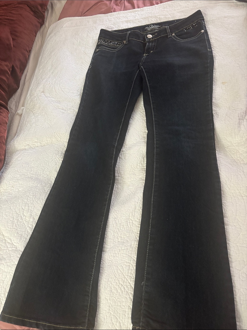 Dark Blue Flare Jeans with Studded Pocket Trim